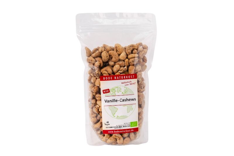 Vanille-Cashews -geröstet leicht gesüßt mit Vanille bio gartenkompostierbarer Beutel 500g
