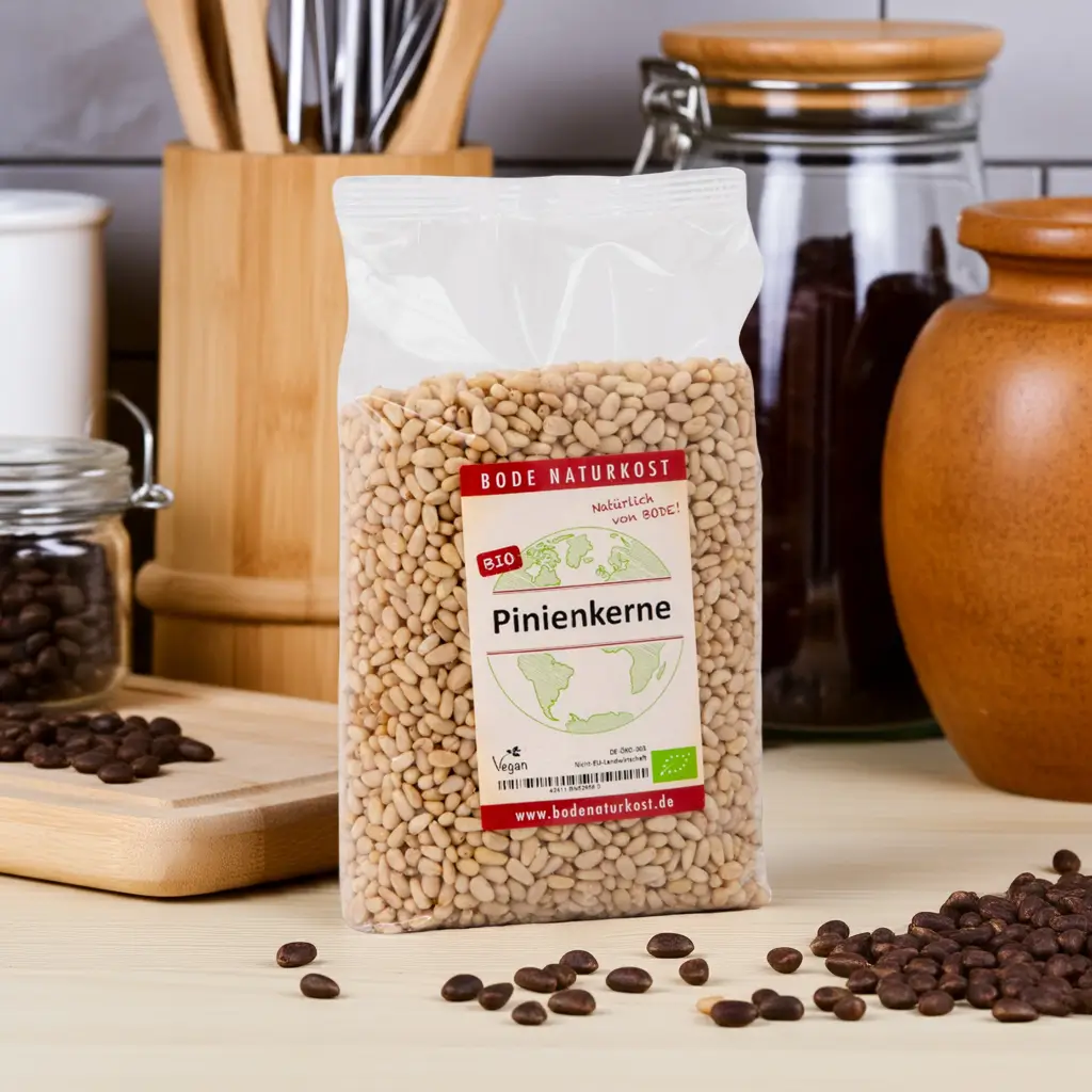 A bag of pine nuts stands in a kitchen on a board, kitchen utensils in the background