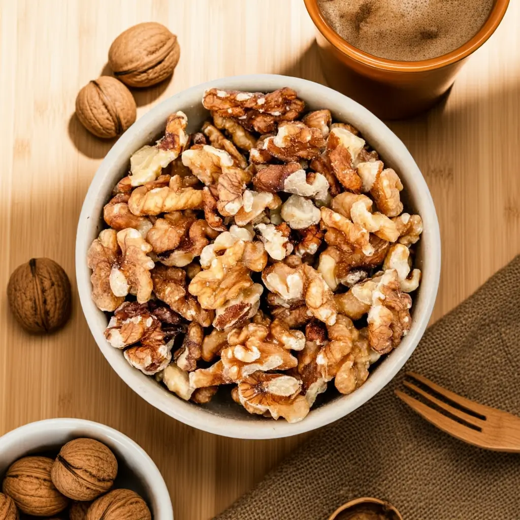 Walnut kernels in a bowl on a wooden table, unshelled walnuts in a bowl and on the wooden table beside them