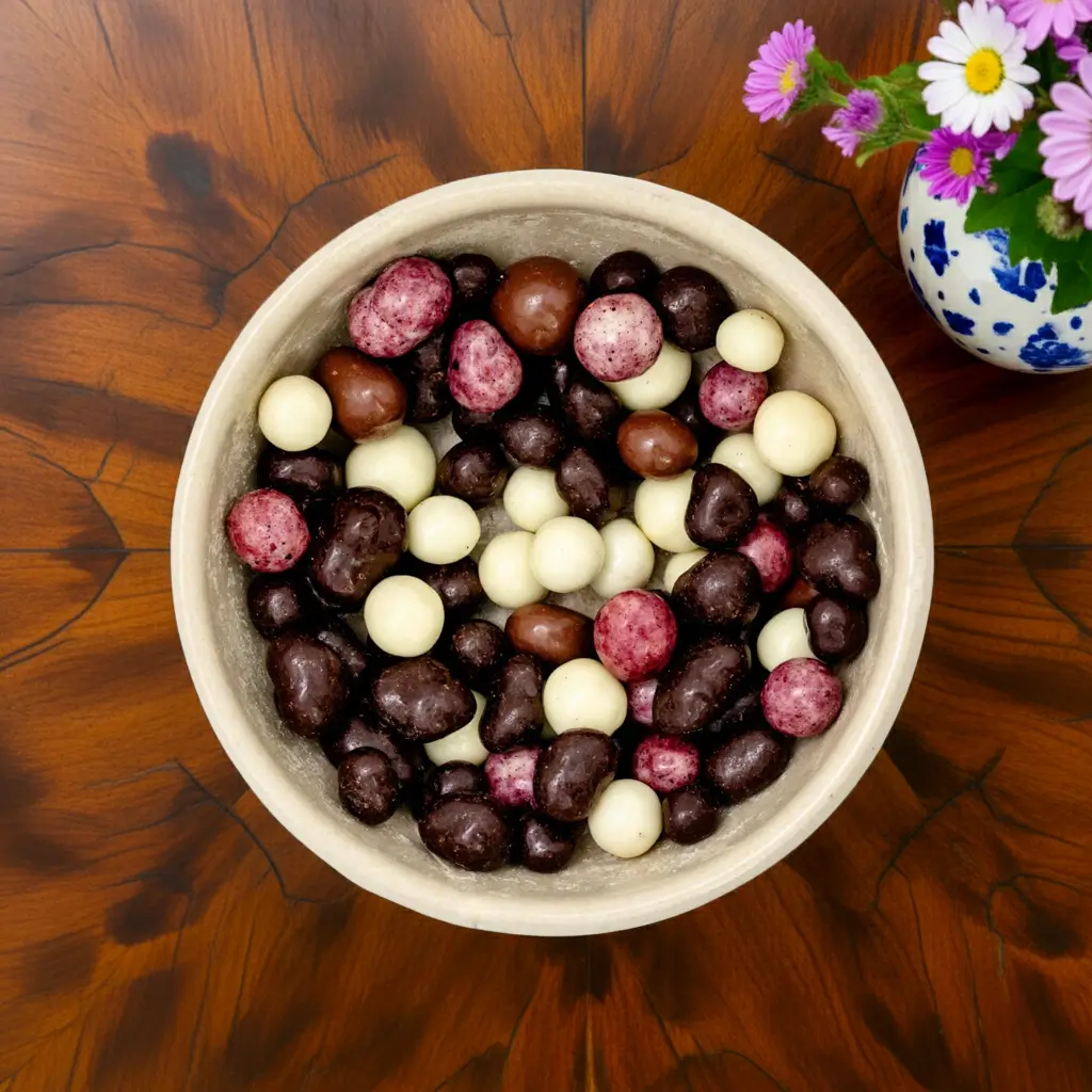 Multi-colored chocolate-coated berries in a bowl on a wooden table with inlay work