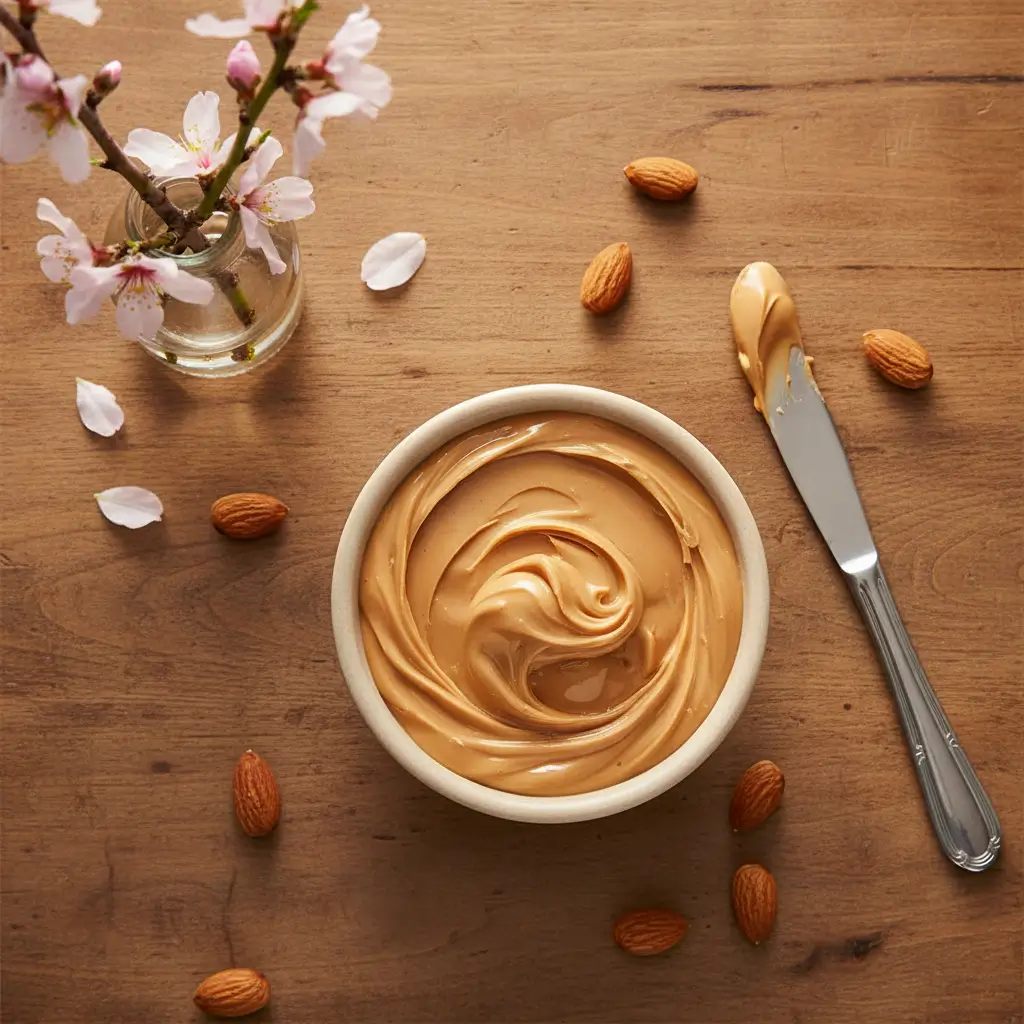 Nut butter in a bowl on a table with a flower vase and a knife with nut butter