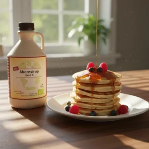 Eine gro&szlig;e Flasche Ahornsirup auf einem K&uuml;chentisch, daneben ein Teller mit Pancakes, auf die Ahornsirup l&auml;uft