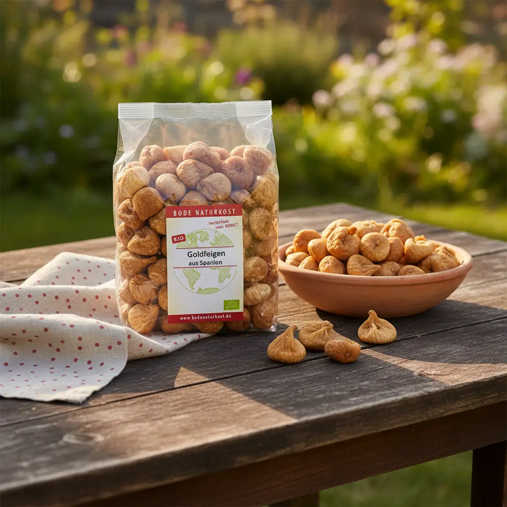 A bag of golden figs stands on a sunlit garden table, a bowl of golden figs beside it, shadows cast by trees