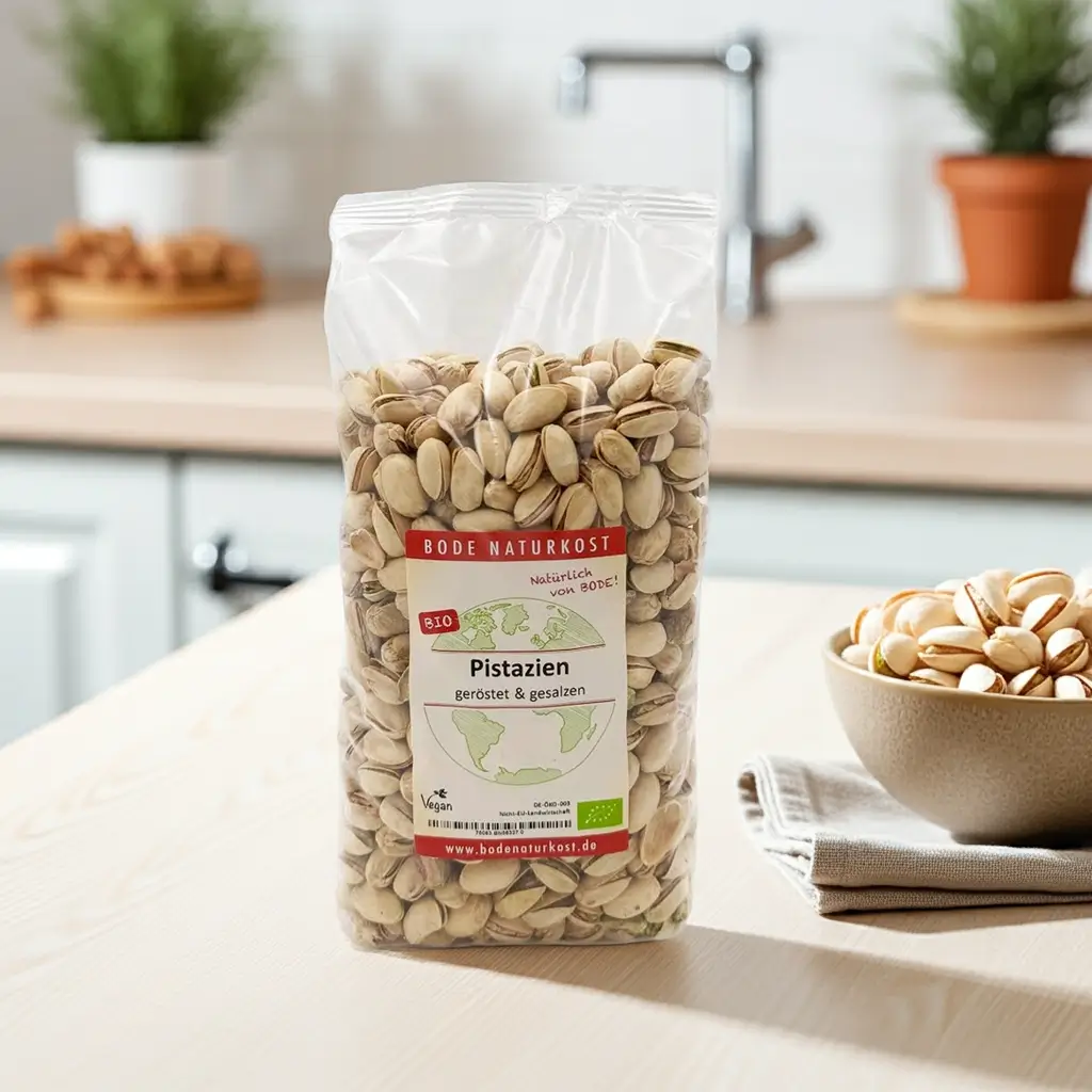 A bag of pistachios stands in a kitchen on a table, kitchen units with a tap and plants in the background