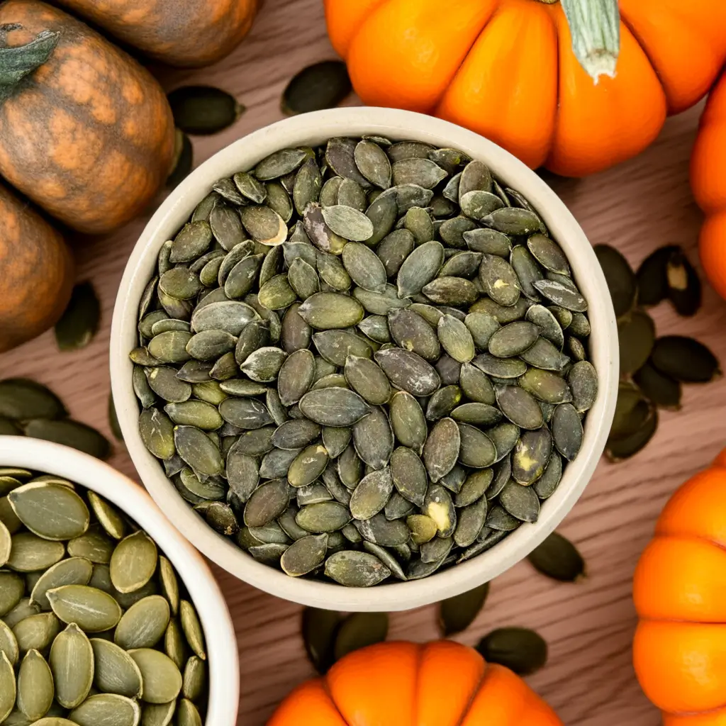 Green pumpkin seeds in a bowl on a wooden table, orange pumpkins partly visible beside them