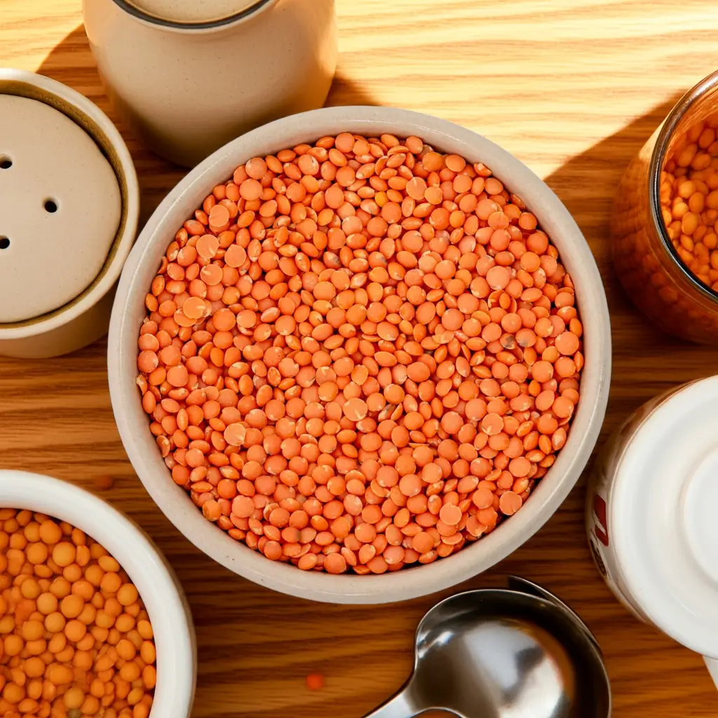 Red lentils in a bowl on a set table