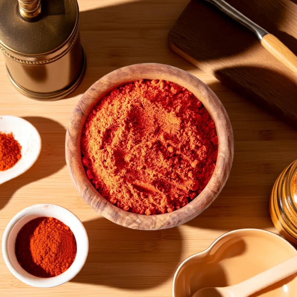 Paprika powder in a wooden bowl on a set table