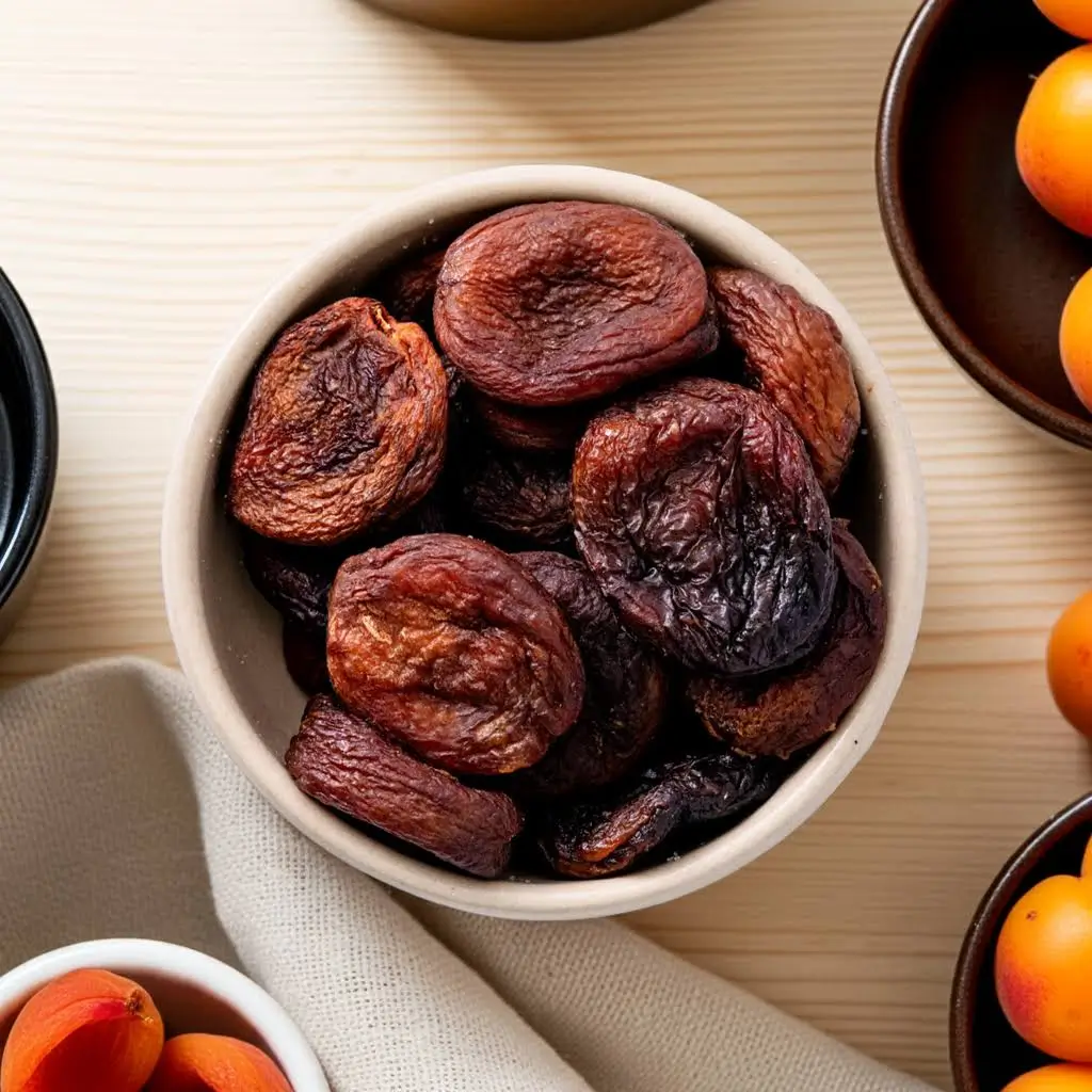 Brown organic apricots in a bowl on a wooden table, fresh apricots in bowls partly visible beside them