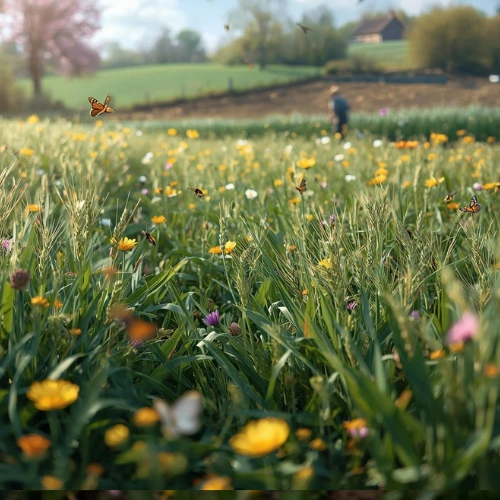 Flowering meadow with a farmer in the background