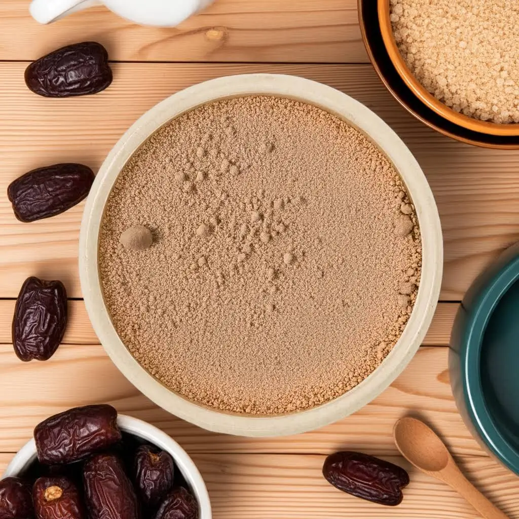 Date sugar in a bowl on a wooden table, dates lie beside it as well as a bowl of dates