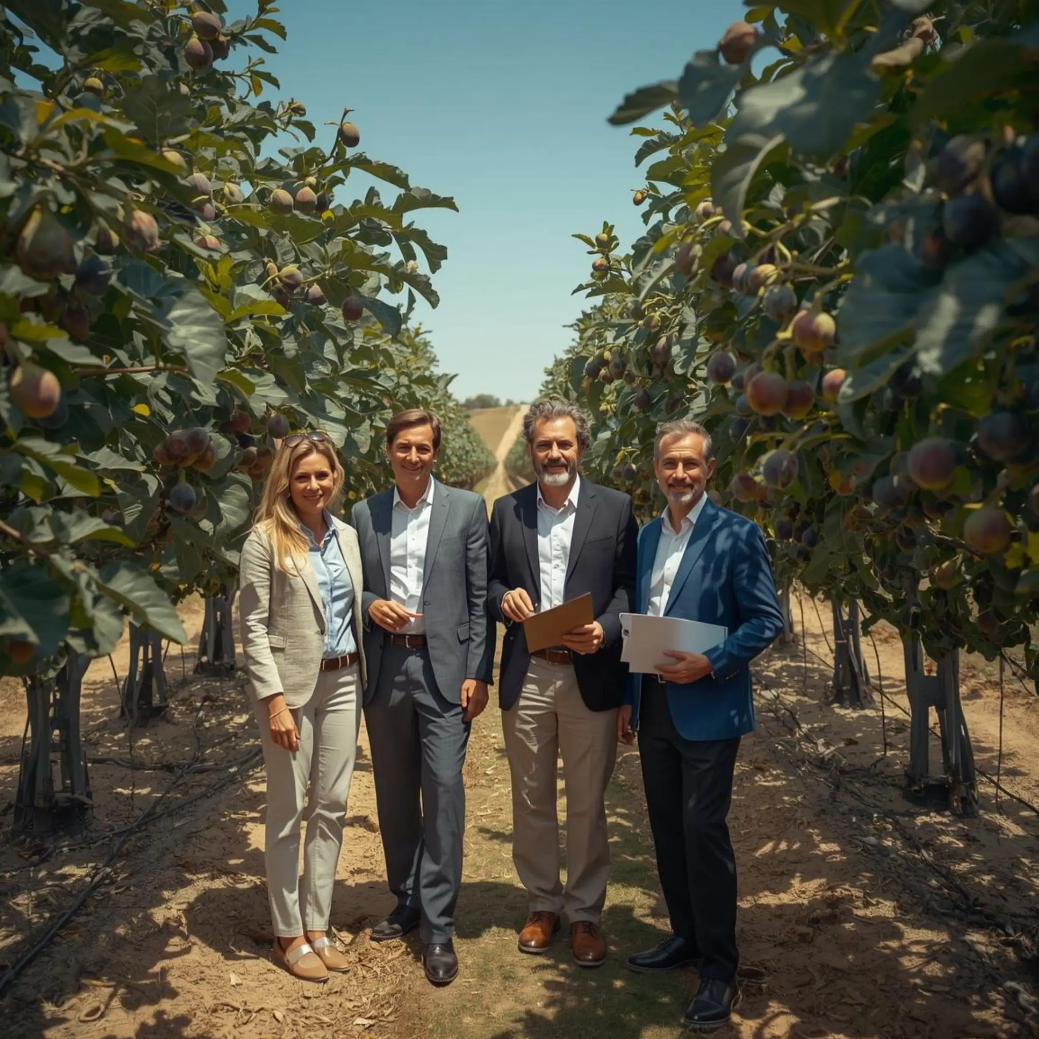 Two quality assurance employees and two producers in a fig plantation