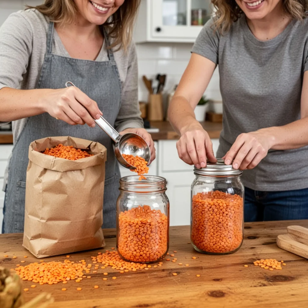 Two women filling red lentils from a sack into two storage jars in a kitchen