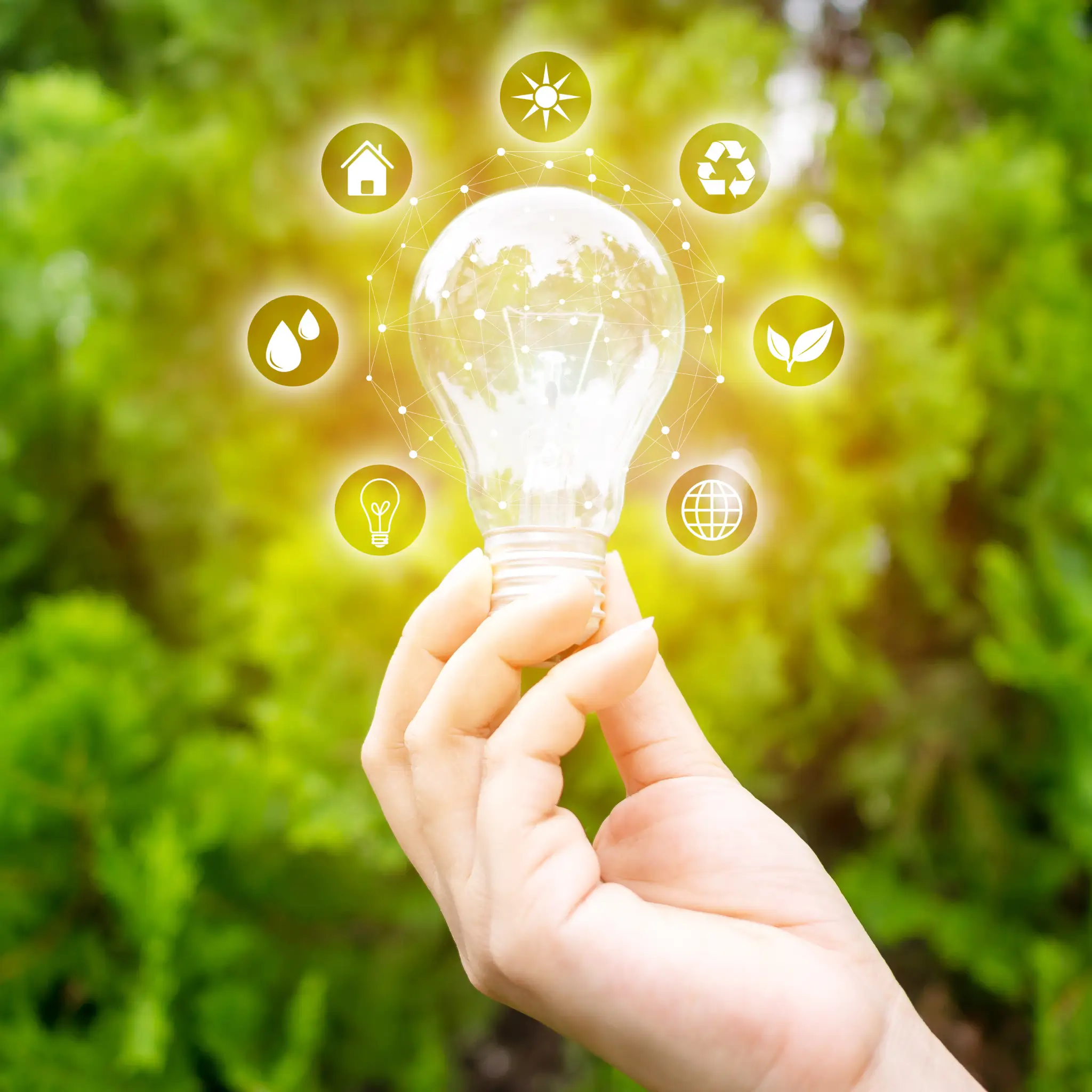 A hand holding a light bulb, with small graphics arranged around it