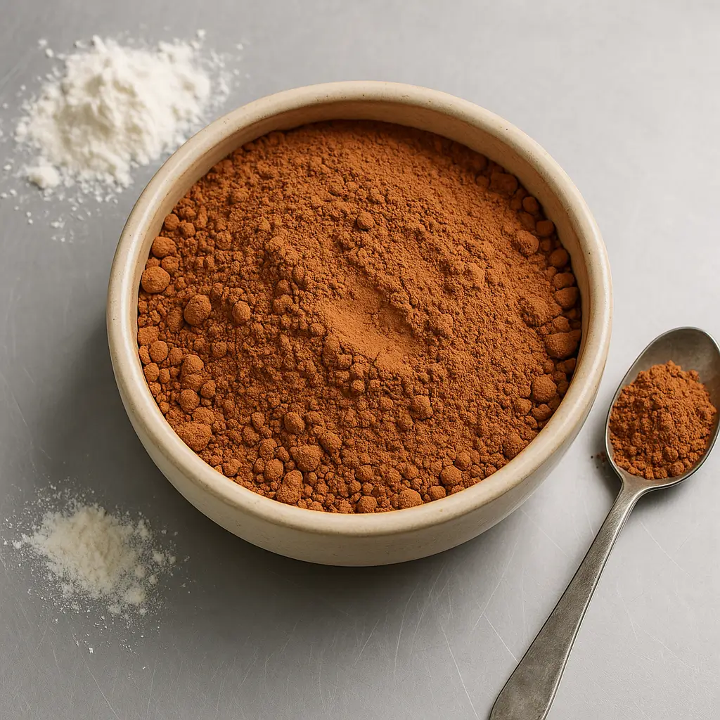 Cocoa powder in a bowl on a stainless steel worktop, a spoon with cocoa powder lies beside it as well as some flour