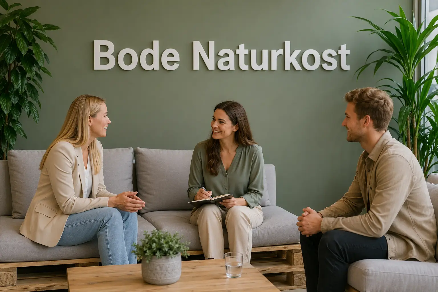 Three people are talking in the lounge at Bode Naturkost.