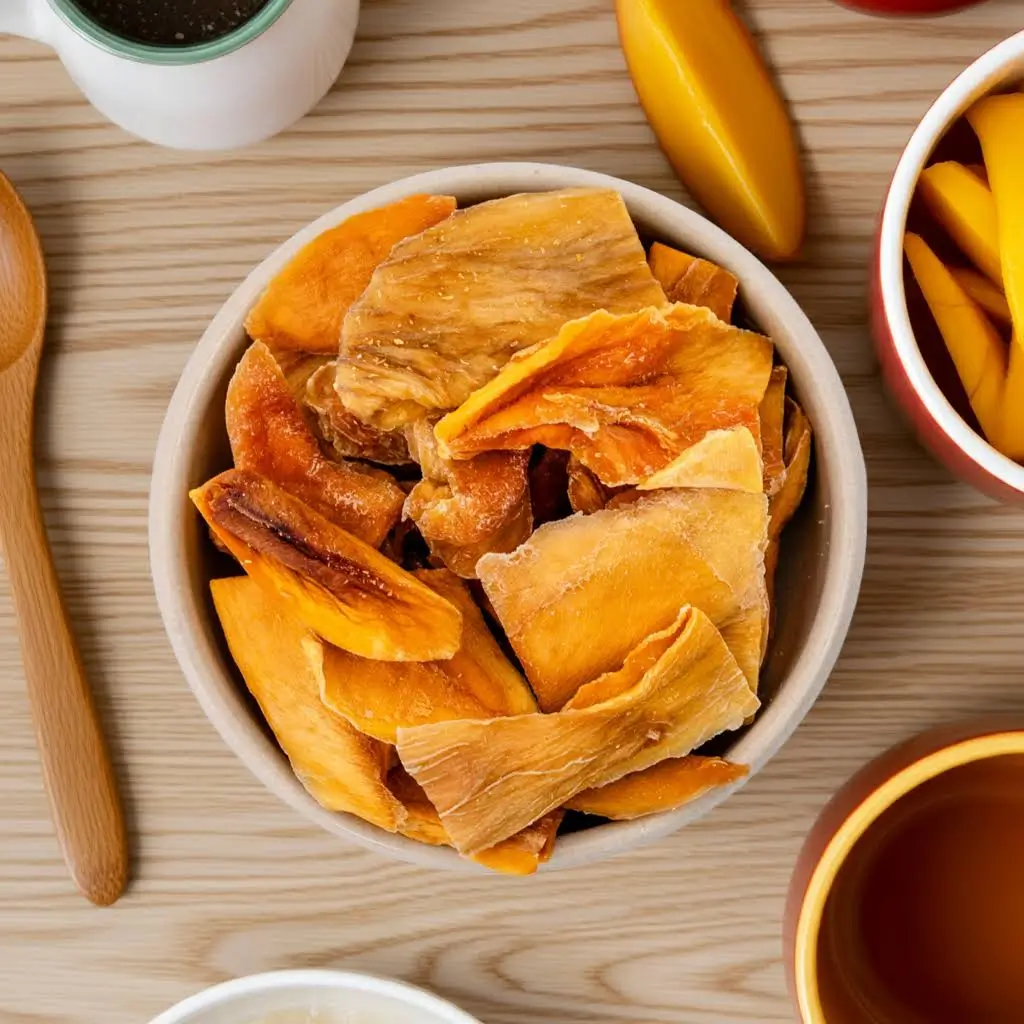 Mango strips in a bowl on a wooden table, fresh mango in bowls partly visible beside them
