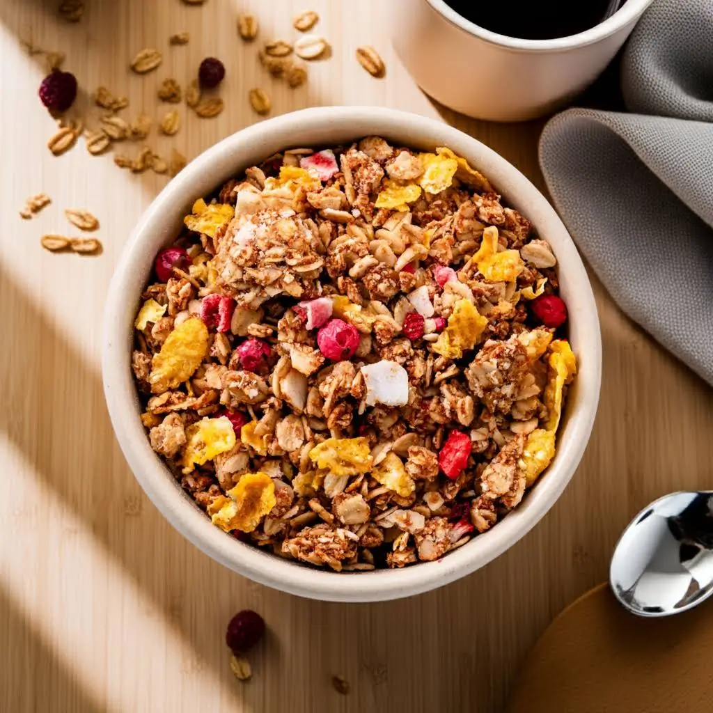 Crunchy muesli in a bowl on a breakfast table