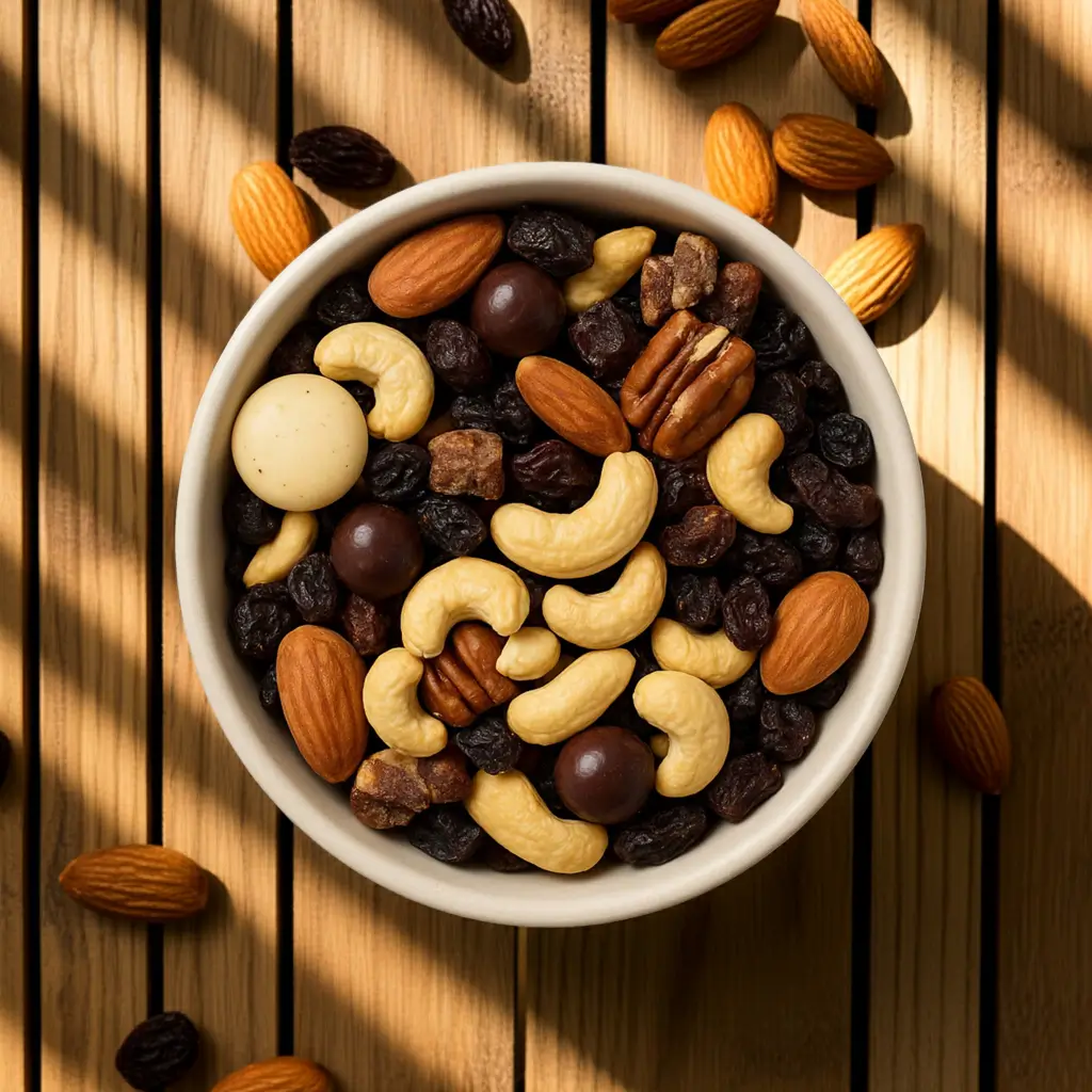 Trail mix in a bowl on a garden table