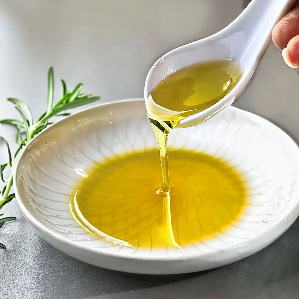 Olive oil pours from a spoon into a bowl, with a sprig of rosemary beside it