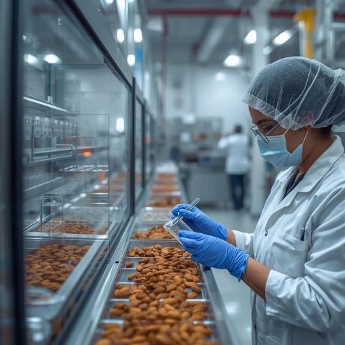 Woman in white protective clothing inspecting almonds at the production facility