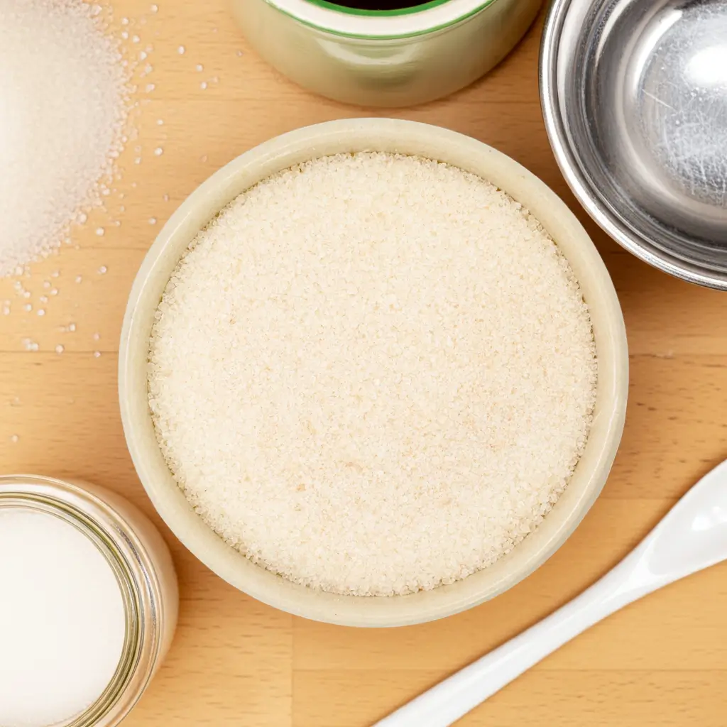Sugar in a bowl on a work surface
