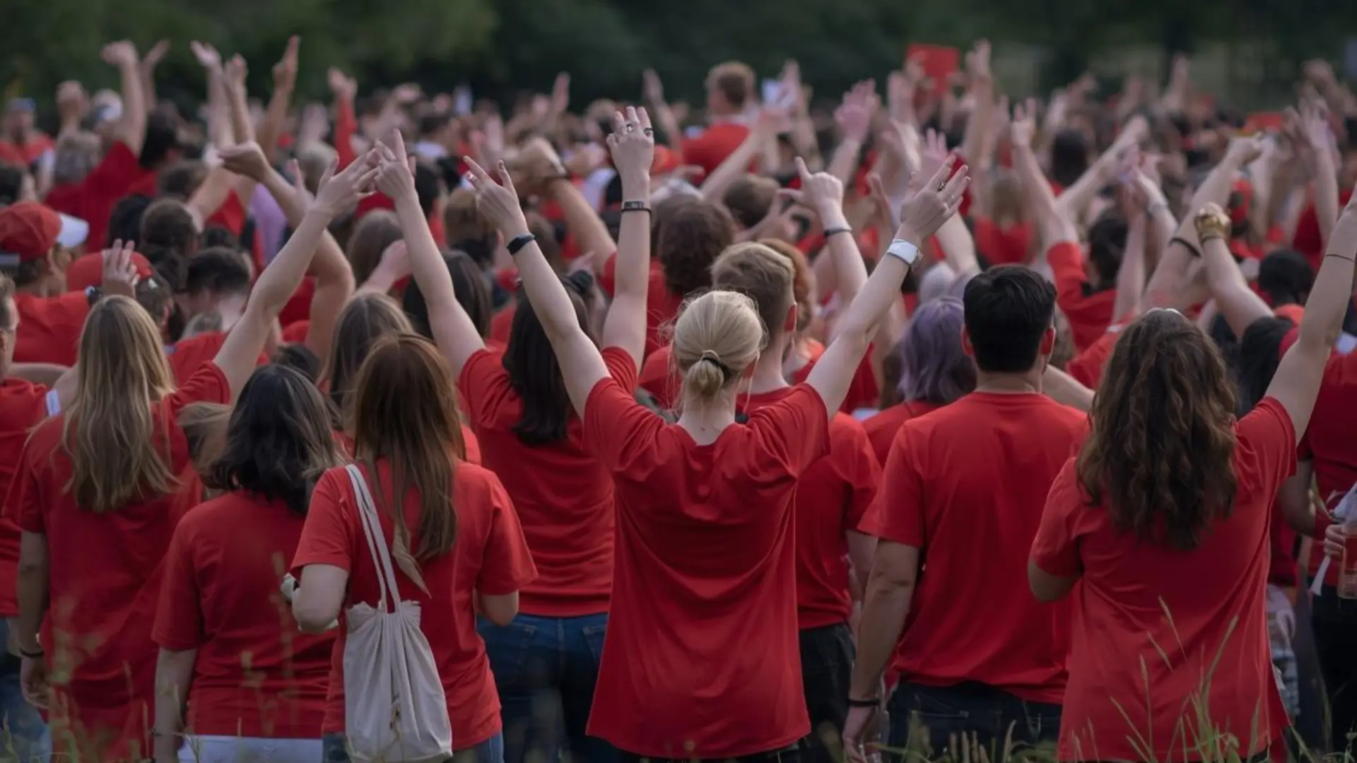 Large group of people in red T-shirts, seen from behind, many raising their arms enthusiastically