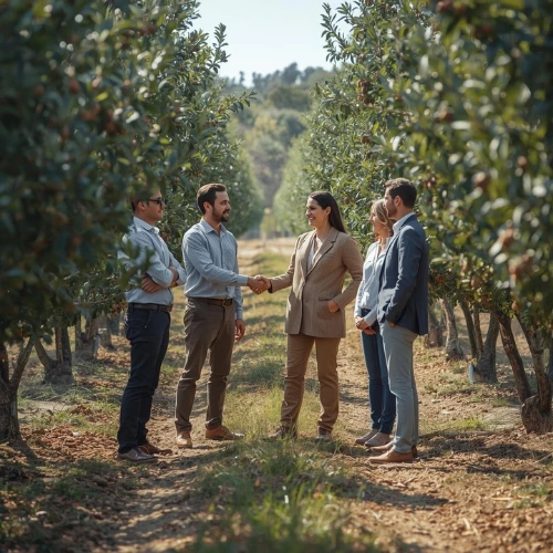 3 buyers and 2 producers talking on an almond plantation