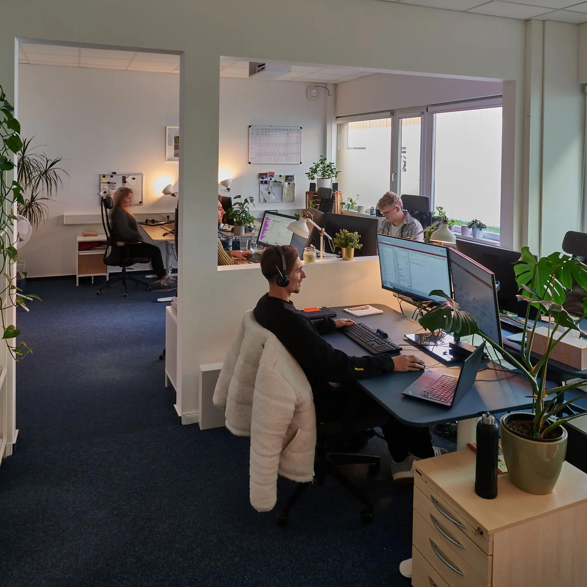 Bright office with employees at desks and houseplants