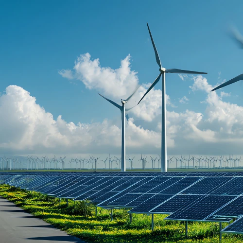 Large wind farm with solar panels in the foreground